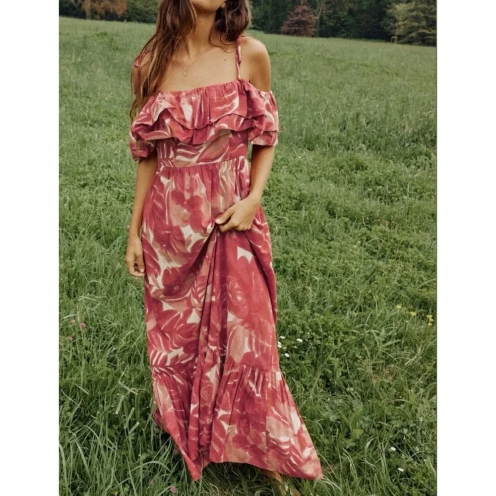 NWT Zara Blogger Fave Maxi Dress Red Ruffle Off Shoulder Summer Wedding Size XS - Picture 2 of 15